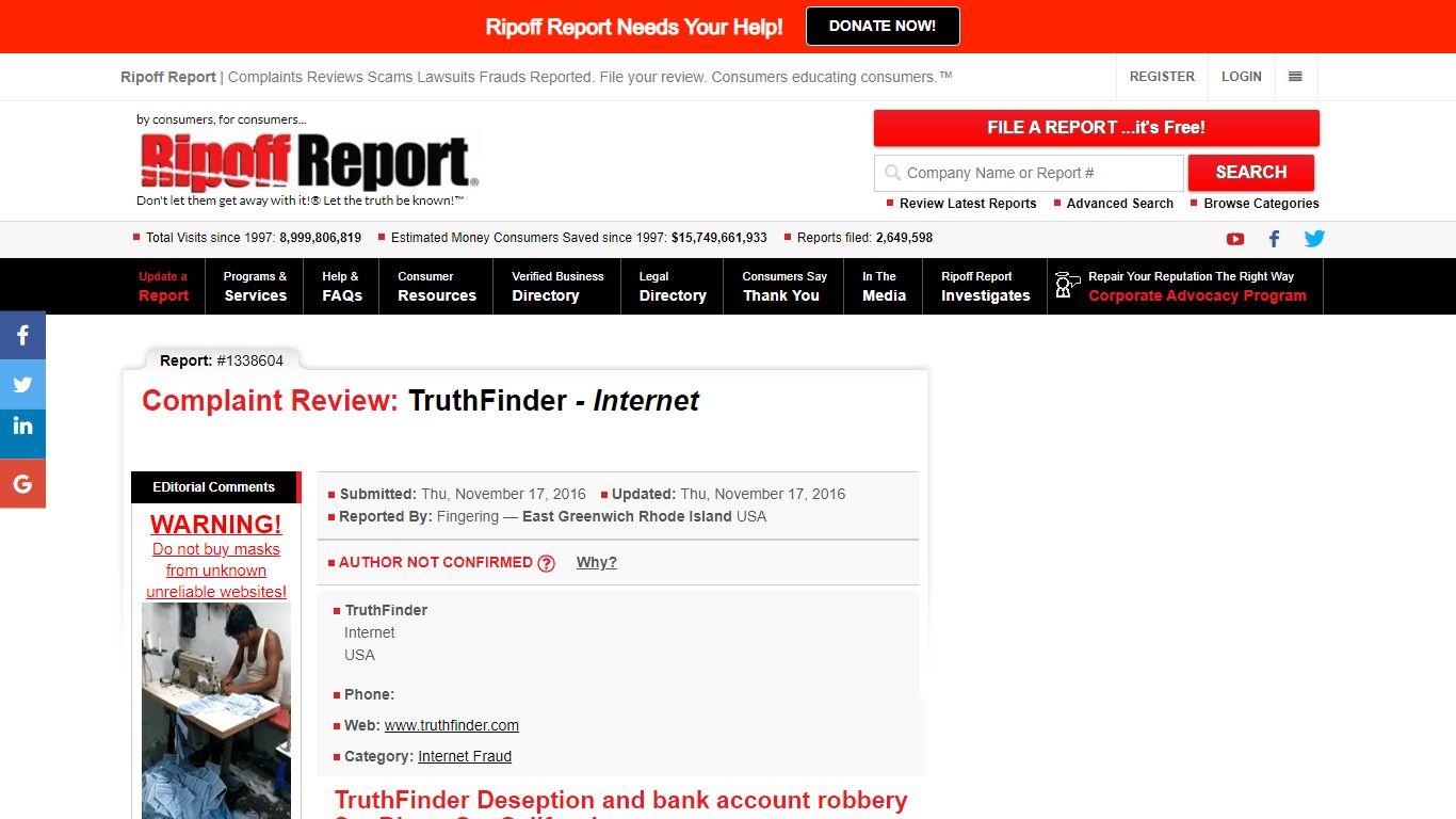 Ripoff Report | TruthFinder Review - Internet - Truthfinder deseption